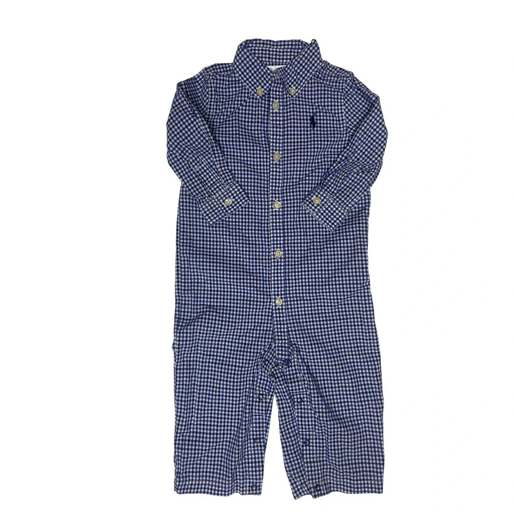 Ralph Lauren Blue Gingham Coverall Romper Infant Boys 9M
